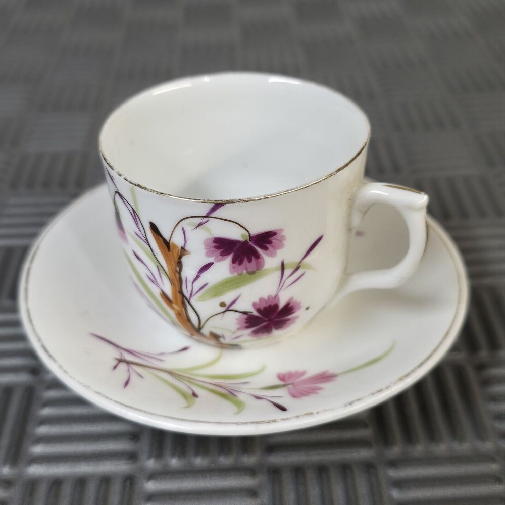 Bone China Small Antique Teacup And Saucer Unmarked Delphine‎ Purple Flowers